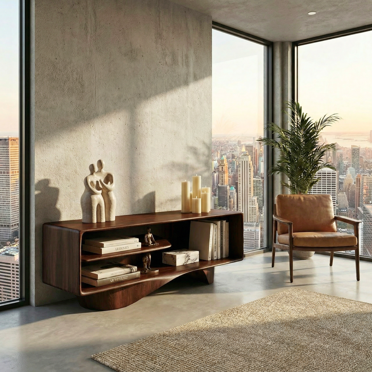 Gallery Style Solid Wood Media Console with Floating Wave Base, Minimalist TV Cabinet for Organic Modern Interiors