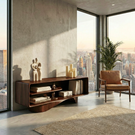 Gallery Style Solid Wood Media Console with Floating Wave Base, Minimalist TV Cabinet for Organic Modern Interiors