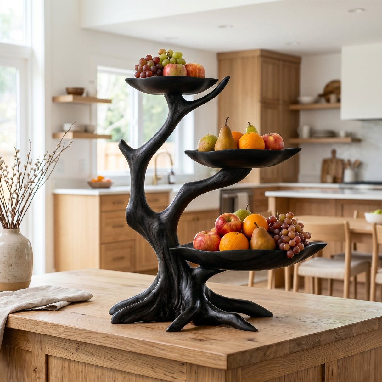 Three-Tier Sculptural Solid Wood Fruit Bowl with Organic Tree Branch Stand