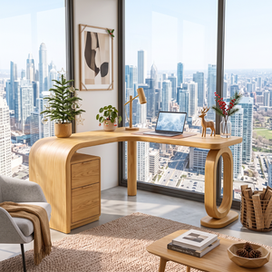 Handcrafted Solid Wood Desk with Sculptural Loop Leg and Built In Drawers
