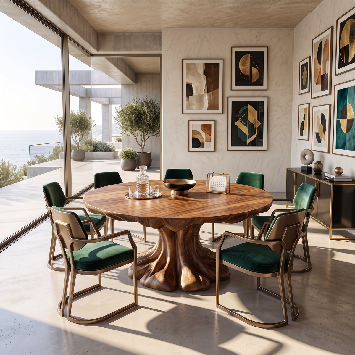 Dining Table with Flowing Pedestal Base and Organic Wood Top