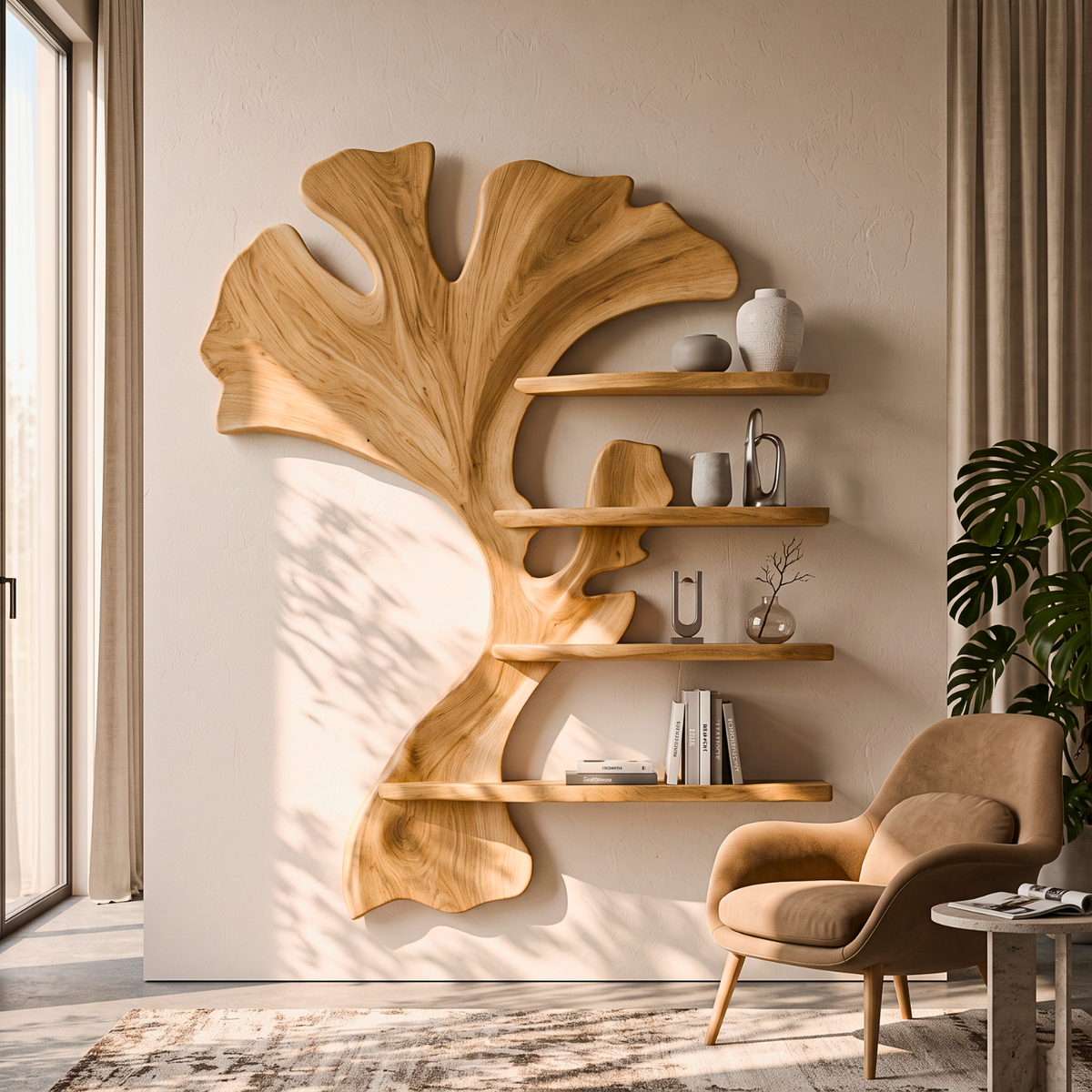 Wall Shelf Solid Wood Ginkgo Leaf Sculpture with Floating Display Shelves for Living Room Decor