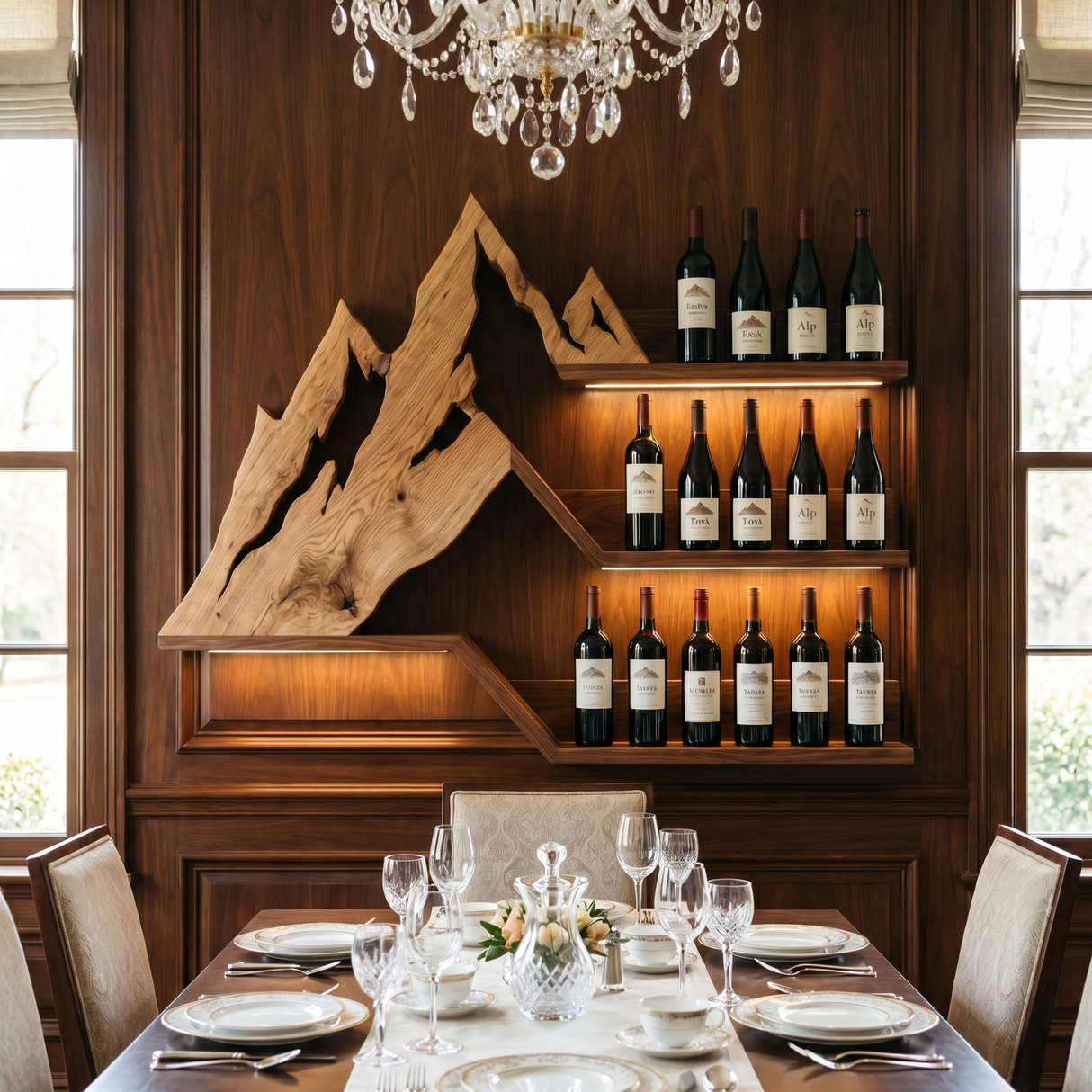 Mountain Range Inspired Solid Wood Wine Rack Wall Shelf