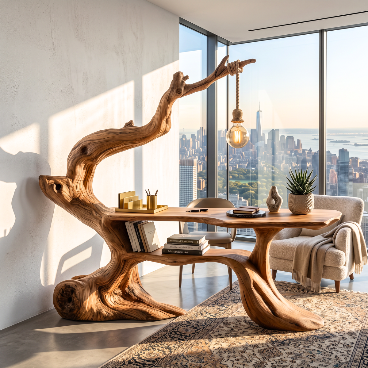 Handcrafted Sculptural Wood Desk with Hanging Light, Tree Inspired Writing Table, Artistic Statement Workspace