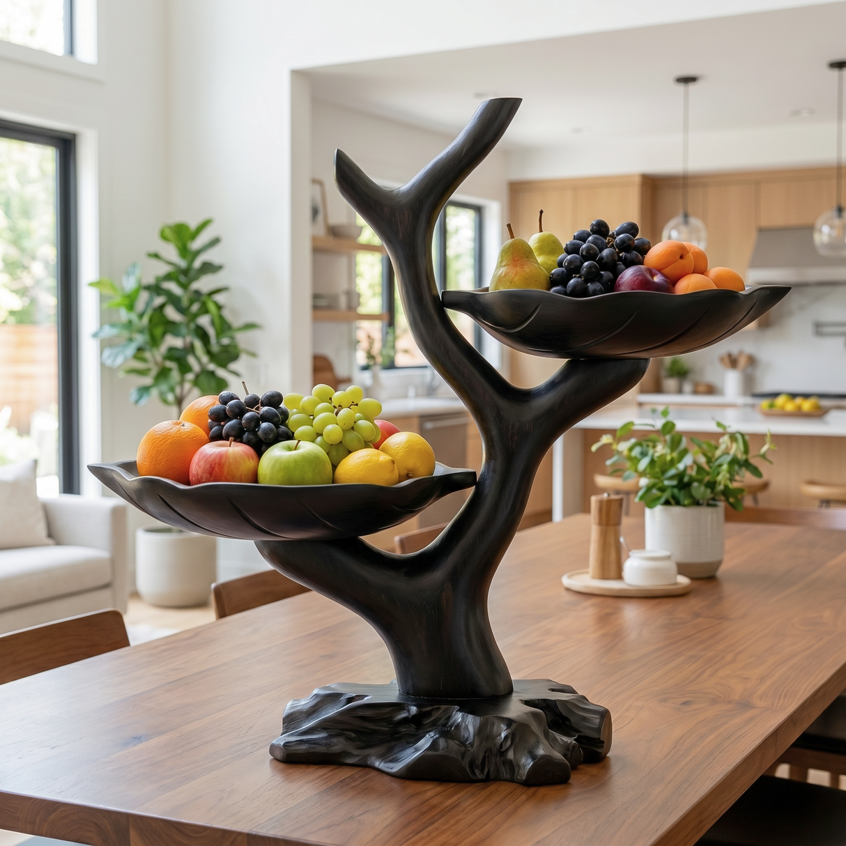 Organic Solid Wood Fruit Display Bowl with Branch Stand and Dual Leaf-Shaped Trays