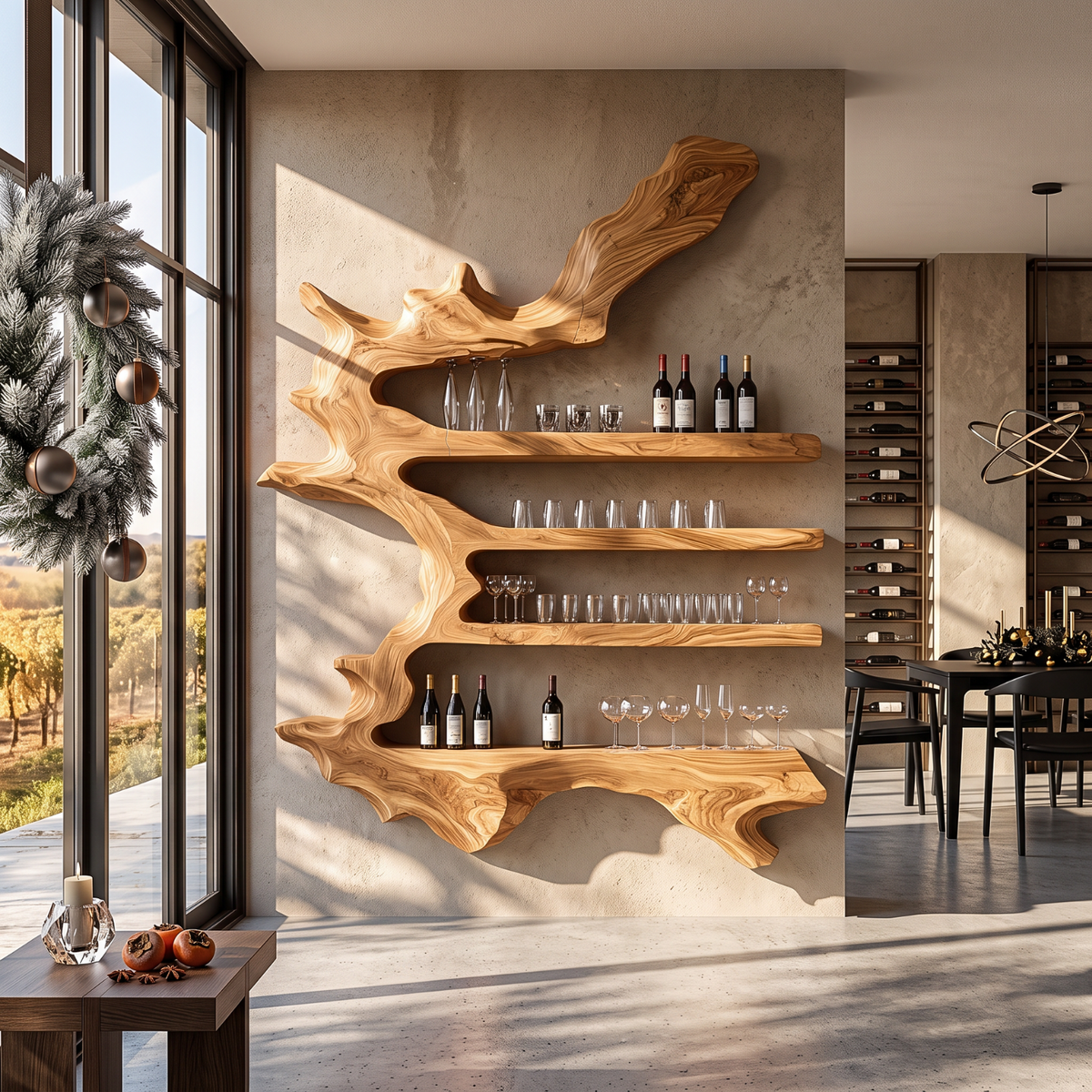 Branch Form Solid Wood Wall Wine Rack with Four Shelves