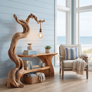 Sculptural Solid Wood Desk with Integrated Hanging Lamp and Shelf, Artistic Reading Nook Furniture