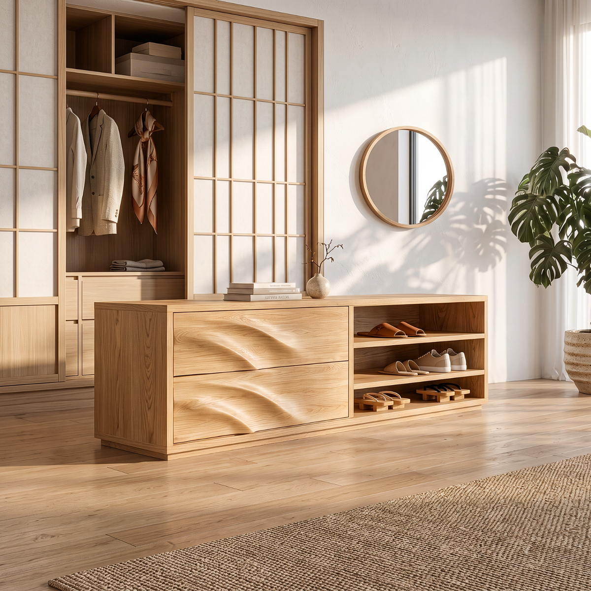 Modern Solid Wood Shoe Cabinet with Sculpted Drawers and Open Shelves