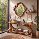 Bathroom Vanity Solid Wood with Organic Root Base and Open Shelf Storage