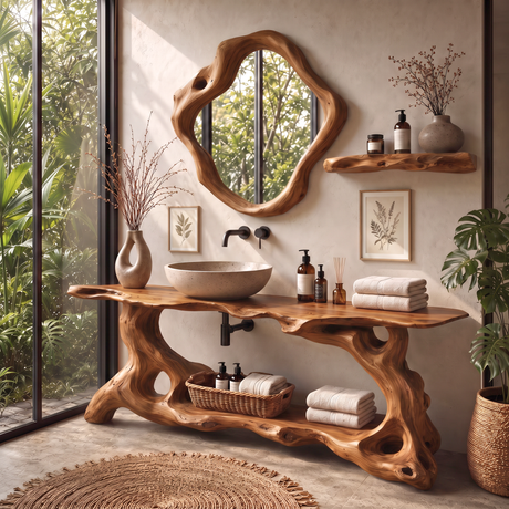 Bathroom Vanity Solid Wood with Organic Root Base and Open Shelf Storage