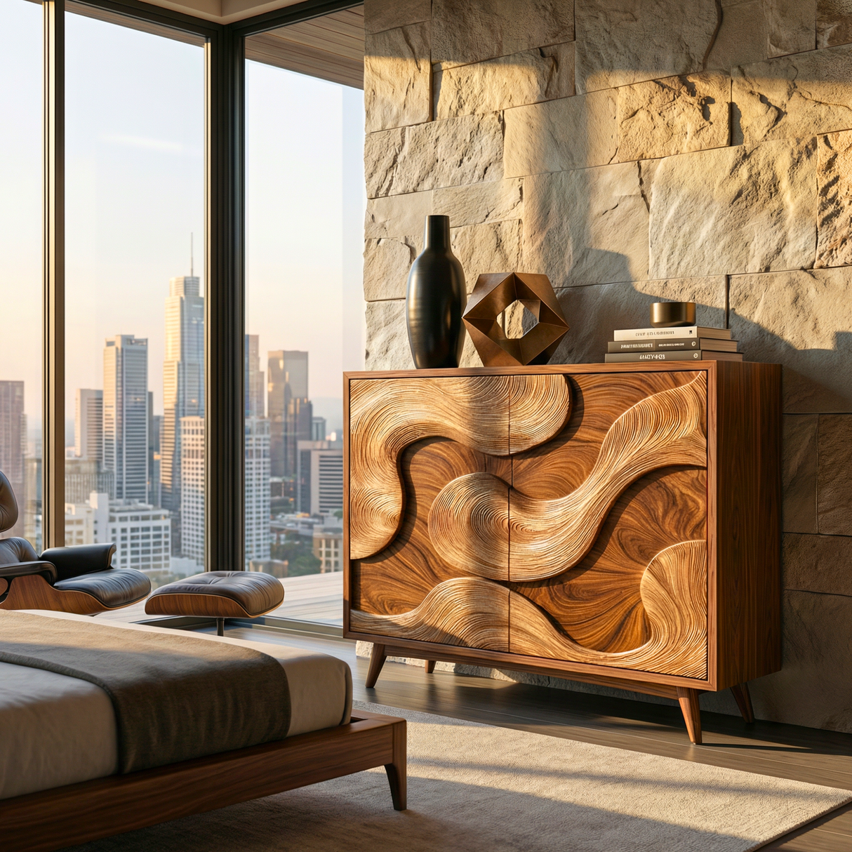 Solid Wood Sideboard with Abstract Sculptural Relief Doors for Modern Interiors