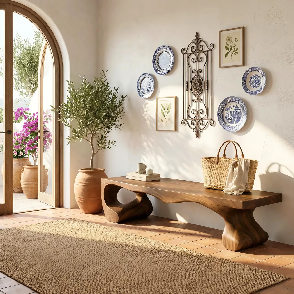 Organic Solid Wood Entryway Bench with Sculptural Open Base for Modern Mediterranean Interiors