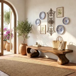 Organic Solid Wood Entryway Bench with Sculptural Open Base for Modern Mediterranean Interiors