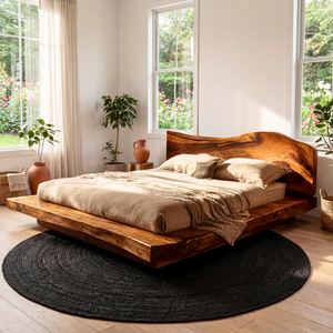 Solid Wood Platform Bed with Natural Edge Headboard for Bedroom