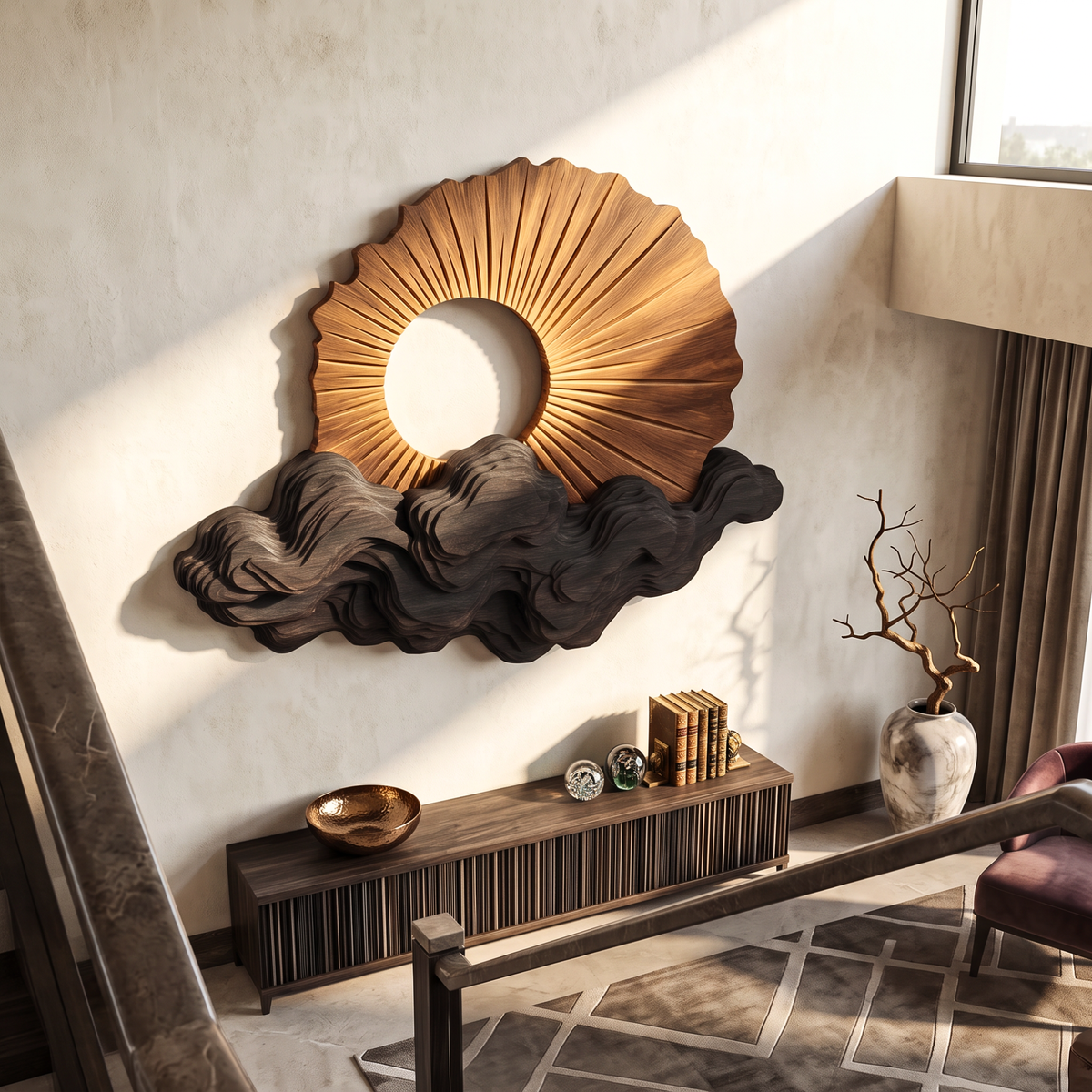 Wall Sculpture Solid Wood with Radiating Sun Design and Layered Dark Wave Clouds