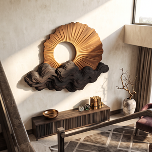 Wall Sculpture Solid Wood with Radiating Sun Design and Layered Dark Wave Clouds