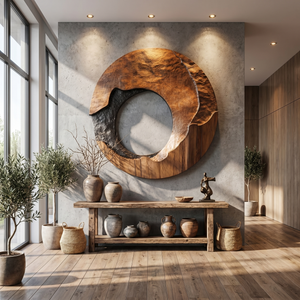 Large Solid Wood Wall Sculpture with Organic Open Center and Charred Texture Accent