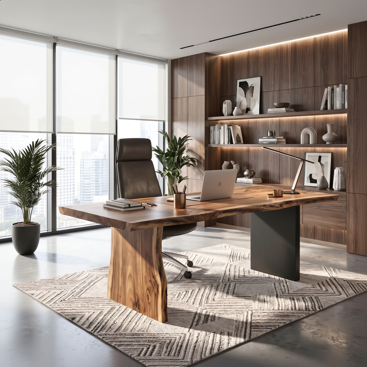 Solid Wood Office Desk with Live Edge Top and Panel Legs