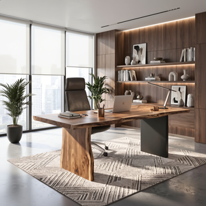 Solid Wood Office Desk with Live Edge Top and Panel Legs