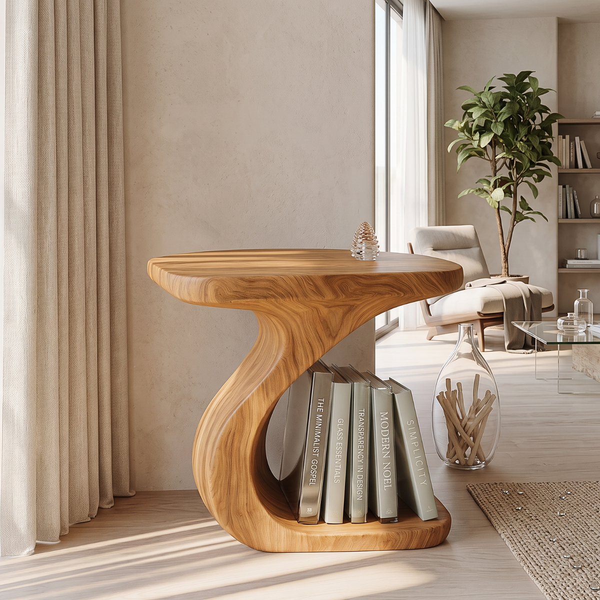 Sculptural Solid Wood Side Table with Built-In Book Storage