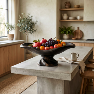 Handcrafted Wood Fruit Centerpiece Bowl with Wavy Rim and Sculpted Pedestal Base