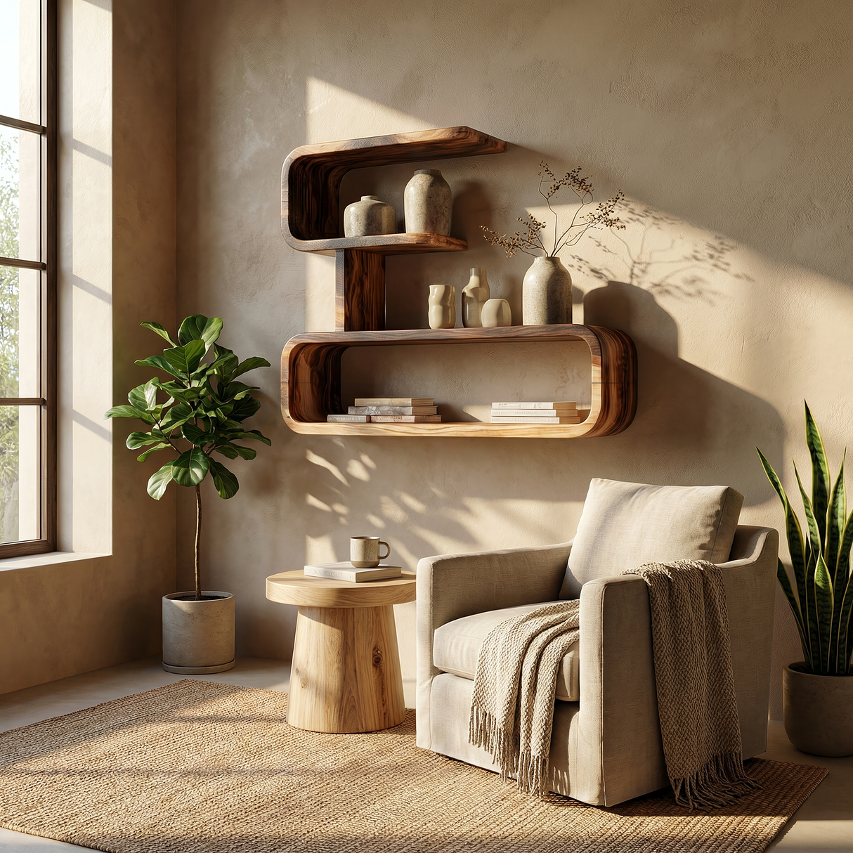 Modern Solid Wood Geometric Wall Shelf with Rounded Edges