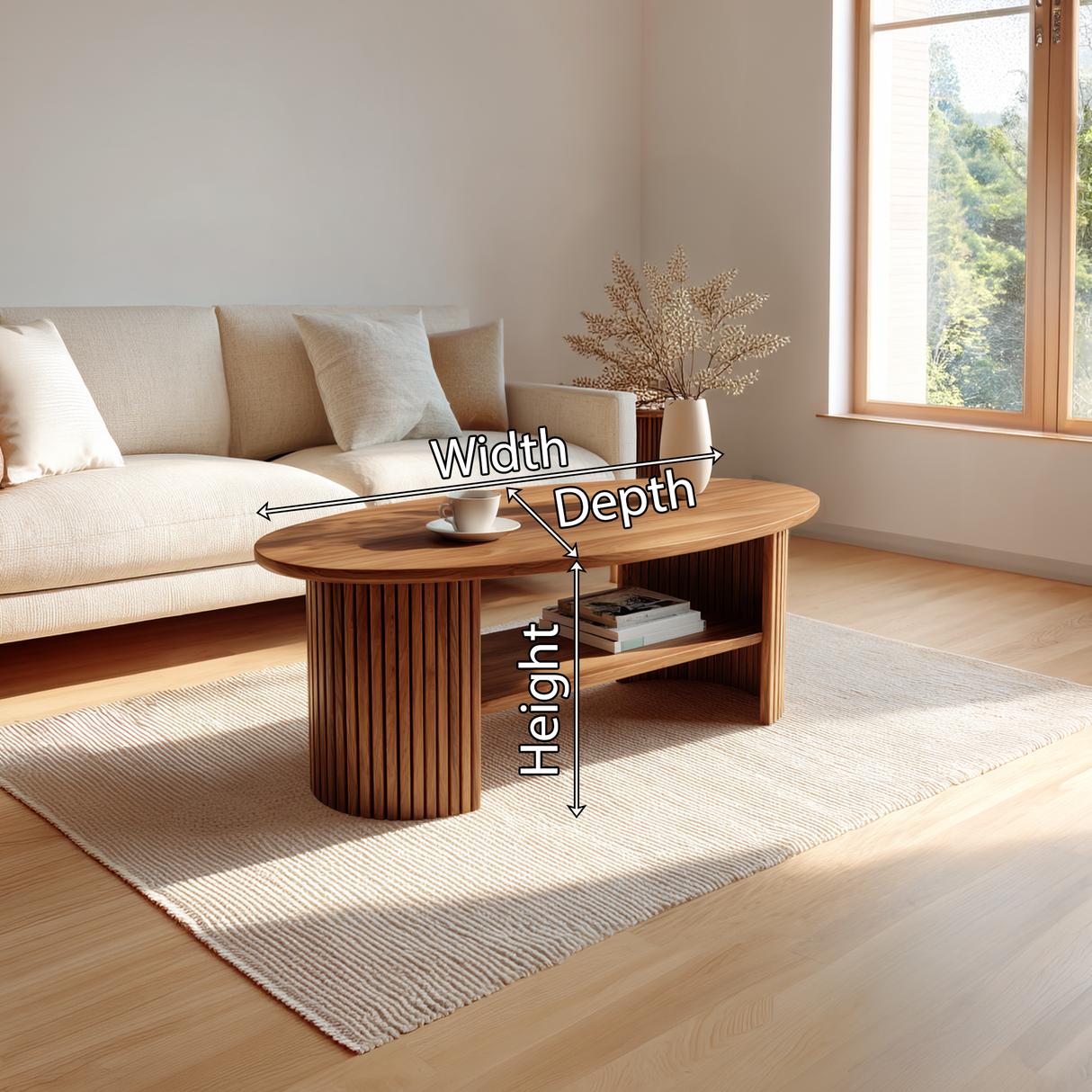 Oval Solid Wood Coffee Table with Fluted Base