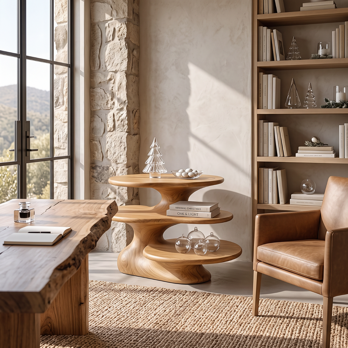 Sculptural Solid Wood Side Table with 3 Tier Shelves for Living Room Decor
