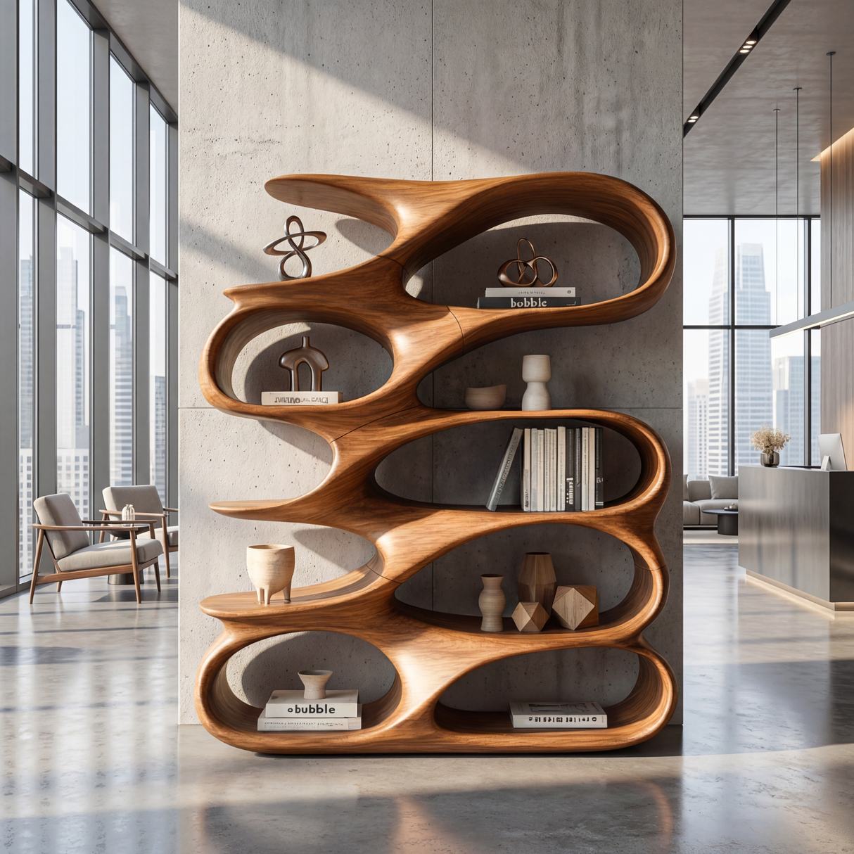 Abstract Loop Wood Display Shelf with Flowing Open Compartments