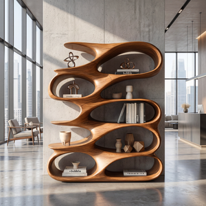 Abstract Loop Wood Display Shelf with Flowing Open Compartments