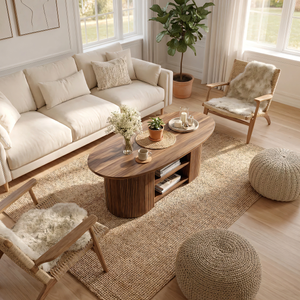 Fluted Oval Solid Wood Coffee Table with Shelf