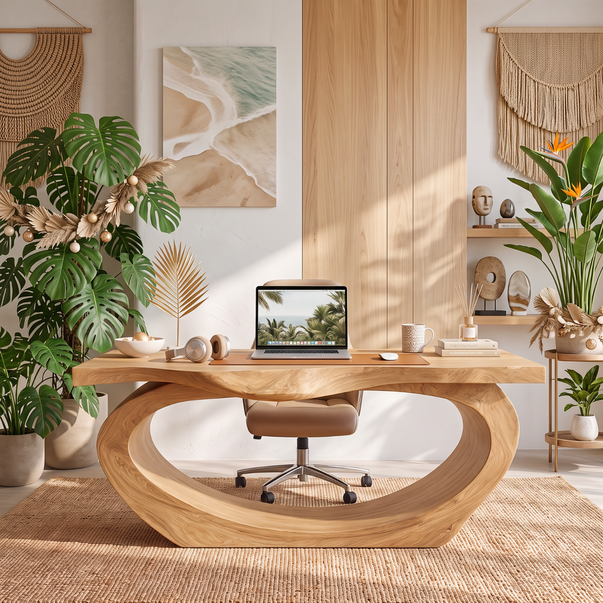 Sculptural Solid Wood Executive Desk with Flowing Oval Loop Base