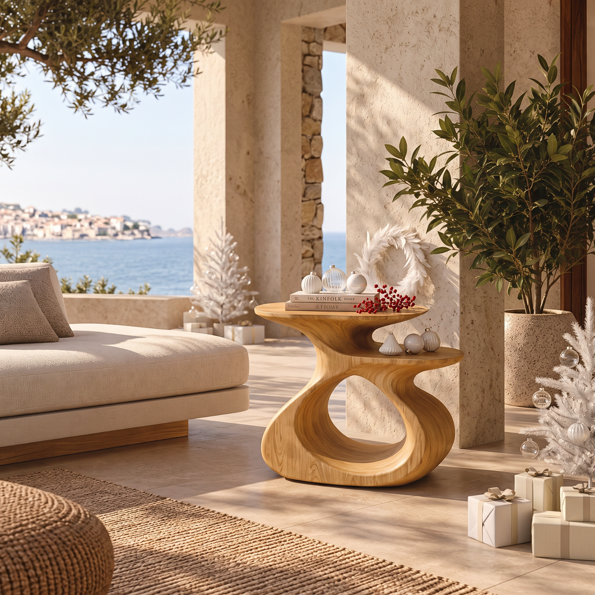 Sculptural Solid Wood Side Table with Open Loop Base and Offset Shelf