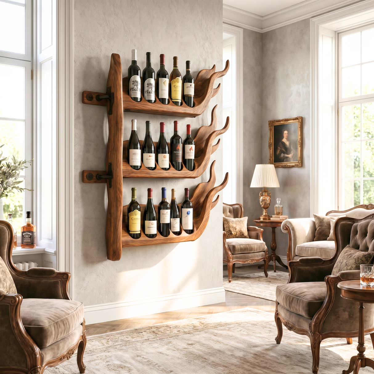 Modern Flame Inspired Solid Wood Wine Rack Wall Shelf