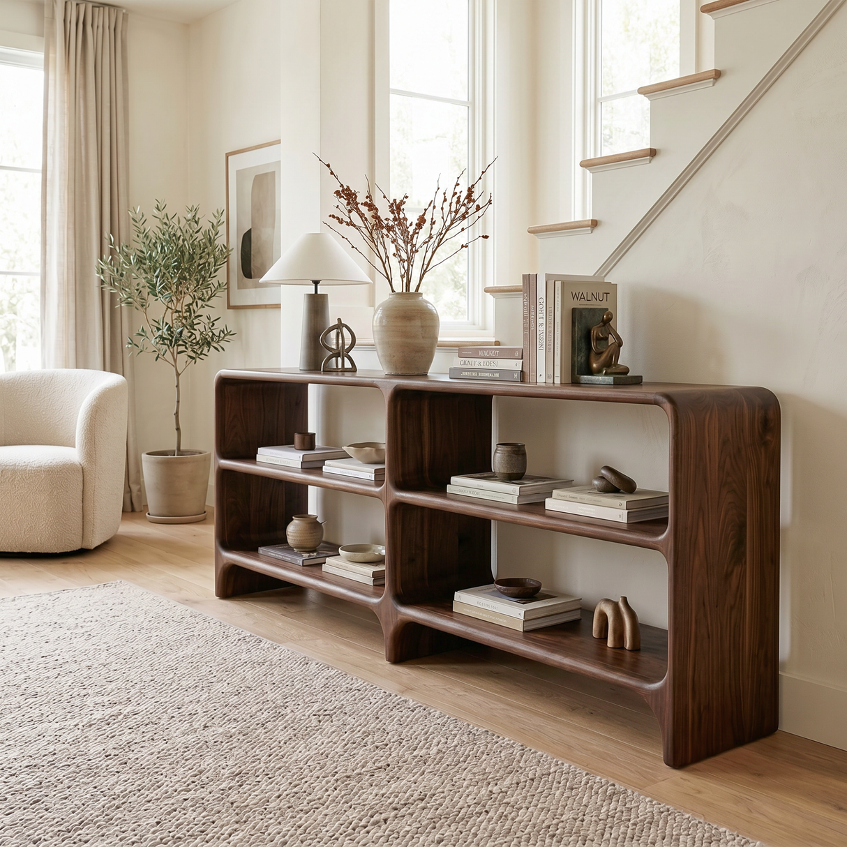 Solid Wood Low Display Console with Rounded Shelf Compartments