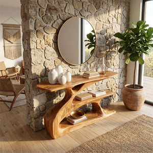 Sculptural Solid Wood Console with Integrated Shelf