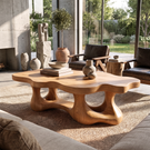 Coffee Table Solid Wood with Organic Double Loop Base for Living Room