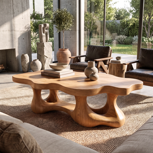 Coffee Table Solid Wood with Organic Double Loop Base for Living Room