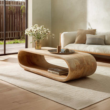 Curved Solid Wood Coffee Table with Open Shelf