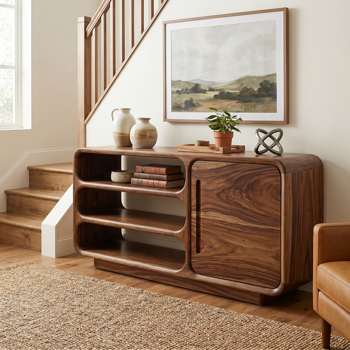 Solid Wood Rounded Sideboard with Open Shelves for Living Room