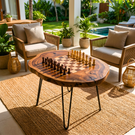 Handcrafted Solid Wood Chess Coffee Table with Organic Slab Top and Hairpin Legs