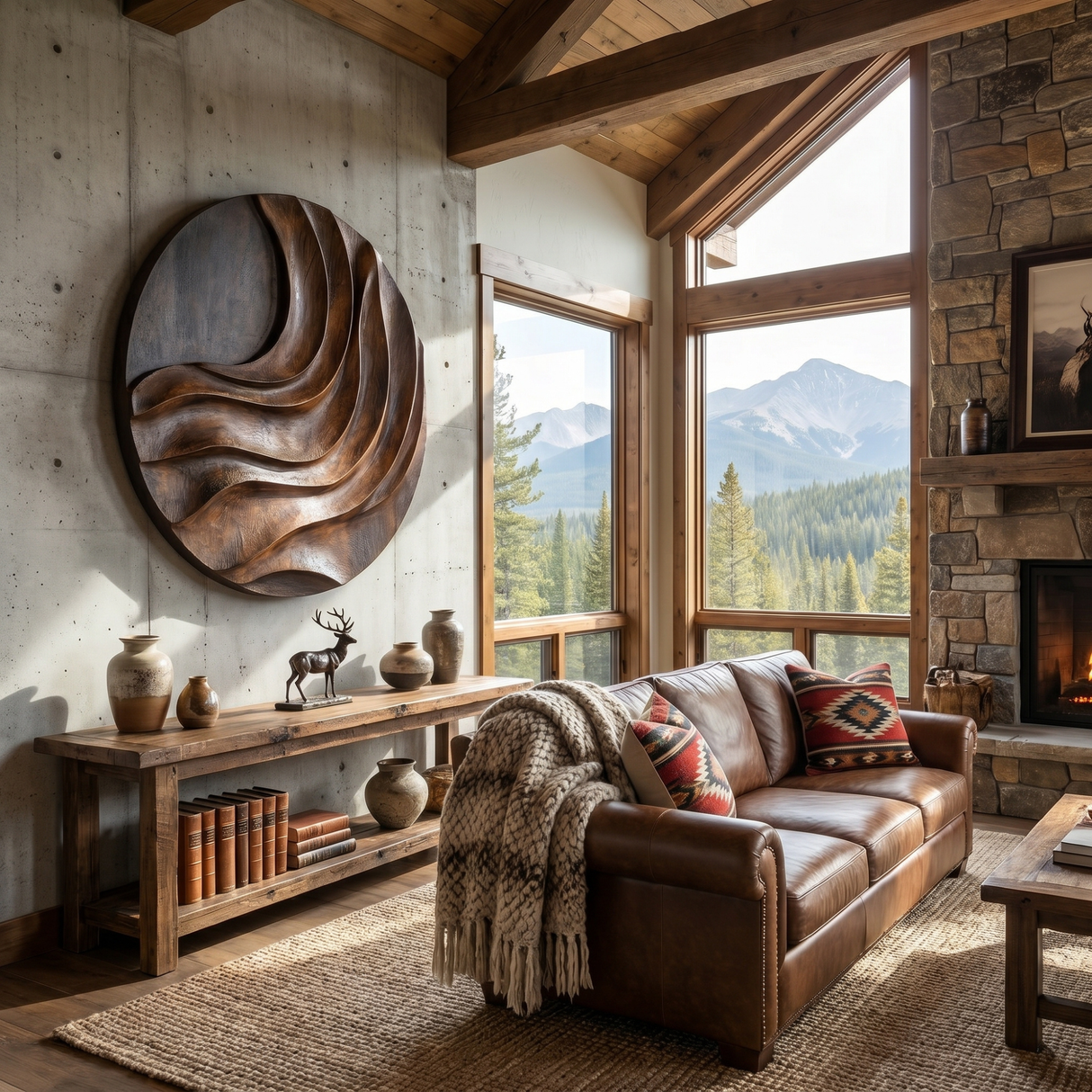 Handcrafted Solid Wood Wall Sculpture with Layered Curved Relief and Round Statement Form