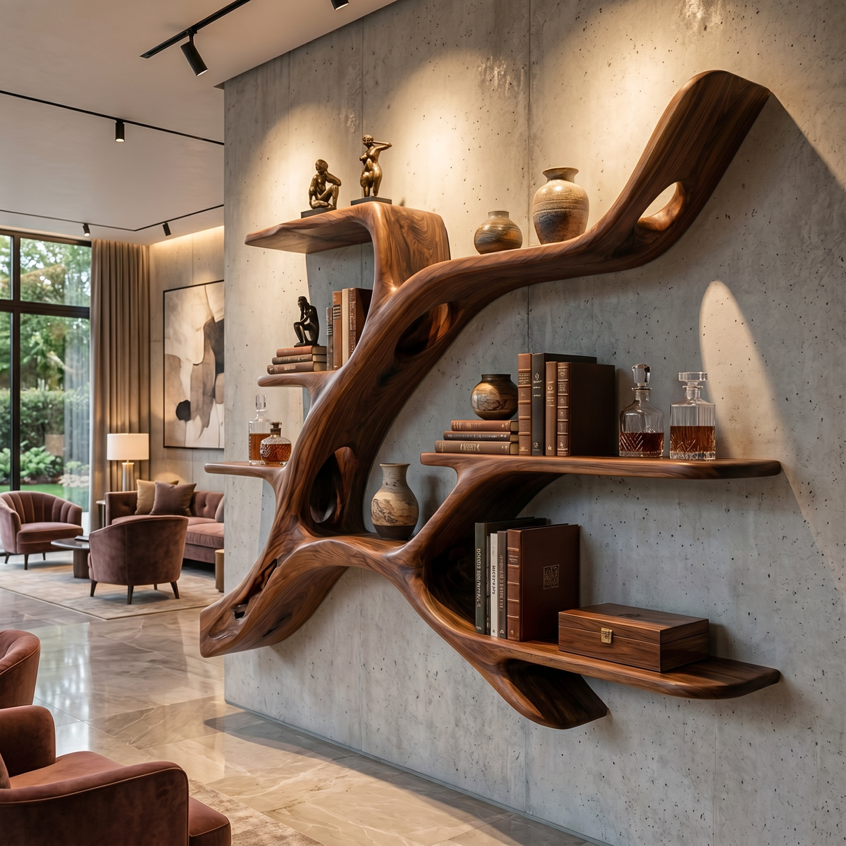 Organic Solid Wood Wall Shelf with Branch Inspired Display Design