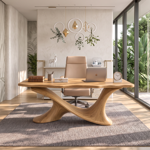 Live Edge Solid Wood Desk with Sculptural Double Curve Base