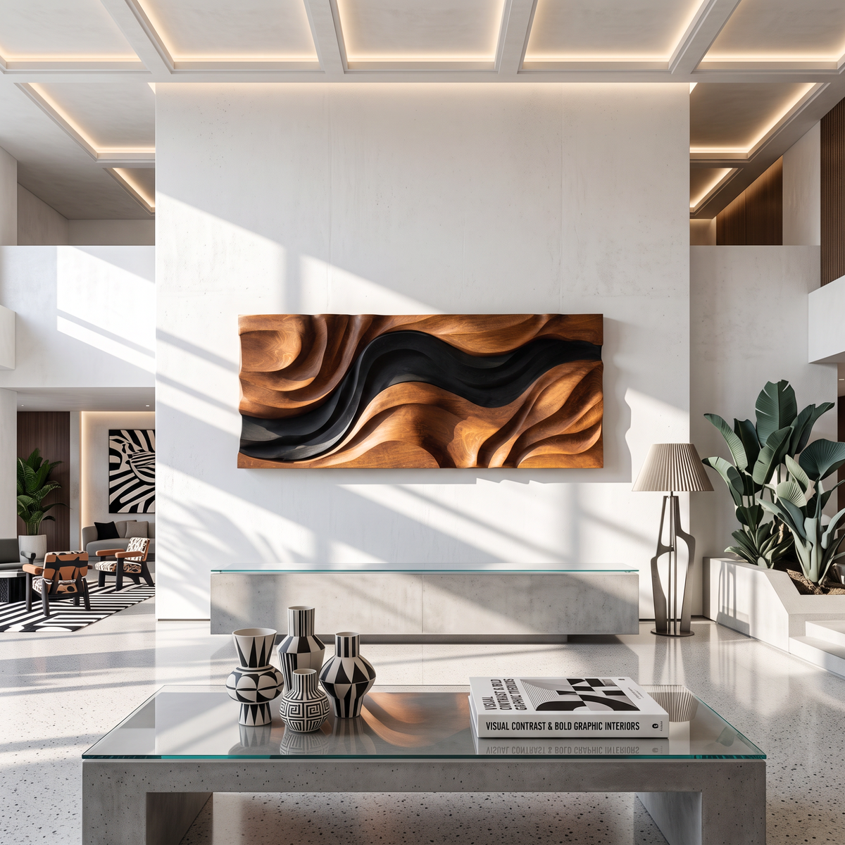 Wall Sculpture Abstract Tides with Flowing Black and Natural Wood Layers