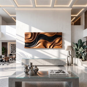 Wall Sculpture Abstract Tides with Flowing Black and Natural Wood Layers