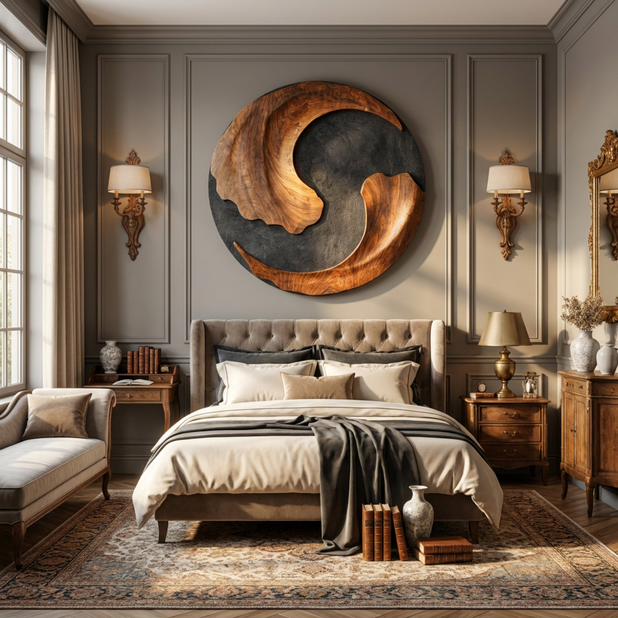 Organic Solid Wood Wall Sculpture with Crescent Cutout and Flowing Grain Relief