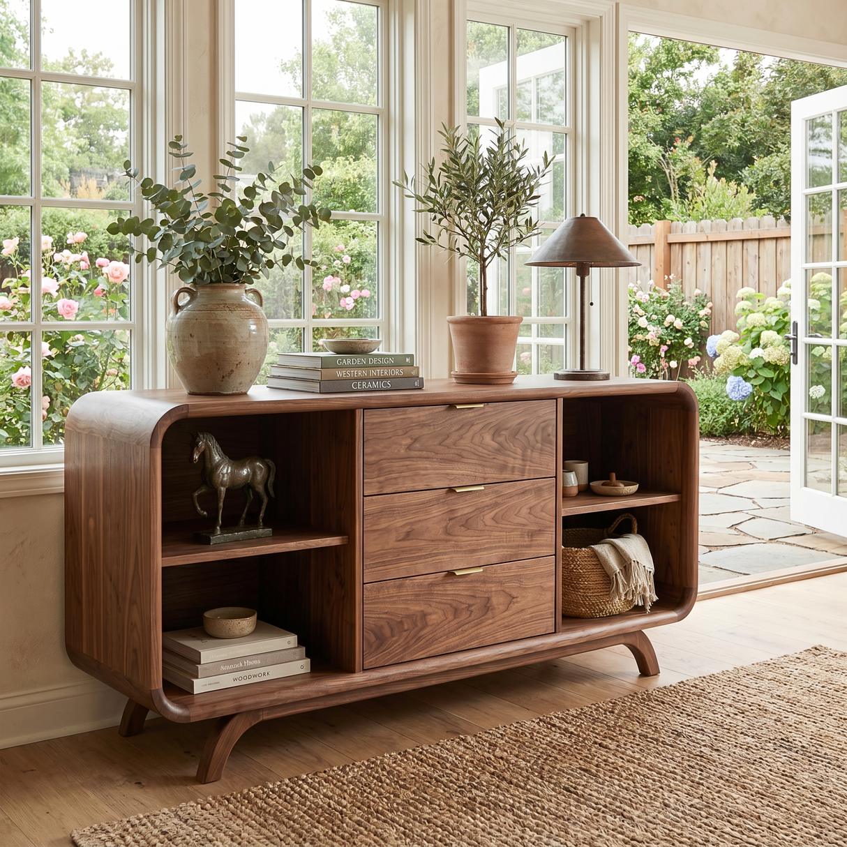 Handcrafted Solid Wood Sideboard with Three Drawers and Open Shelving