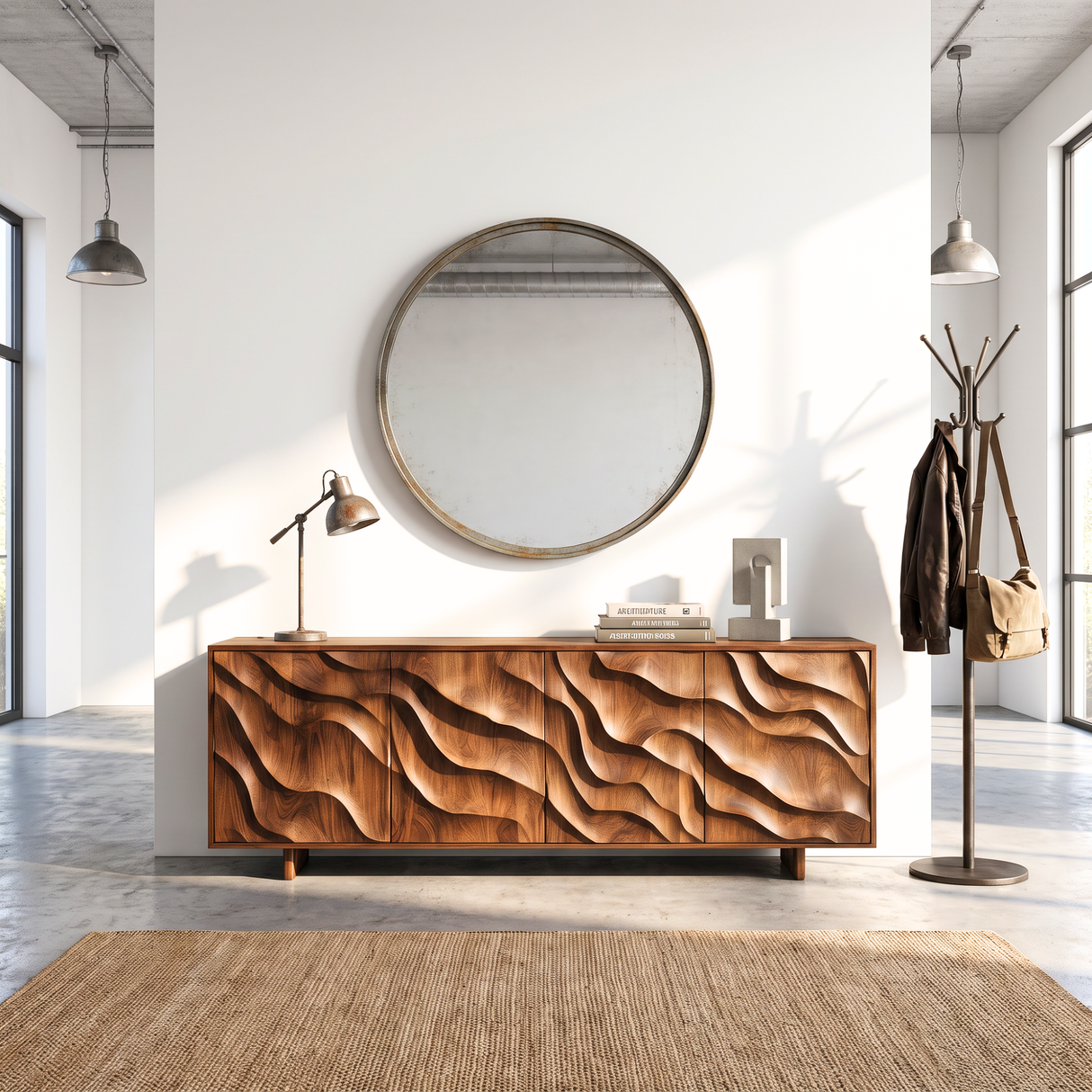 Sideboard Solid Wood with Sculptural Layered Wave Doors