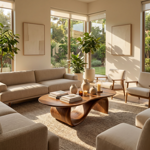 Solid Wood Coffee Table with Asymmetric Loop Base for Living Room